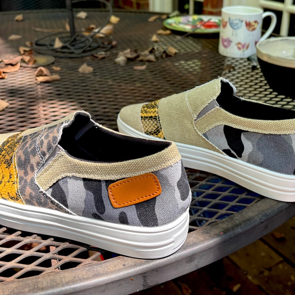 SOLD Cute Canvas Slip-On Sneakers with camouflage and leopard print accents